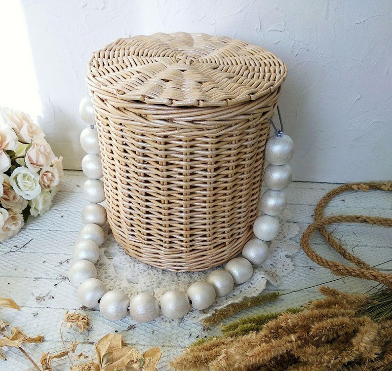 Wicker bag with wooden pearl handle Handbag wicker Summer bag Beach bag Straw bag Jane Birkin basket Fashion bag Stylish wicker bag image 1