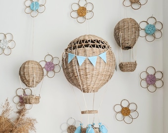 Wicker Hot Air Balloon Nursery Mobile: Boho Baby Room Decor