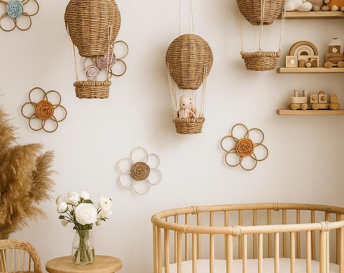 Wicker Hot Air Balloon Nursery Mobile: Boho Baby Room Decor