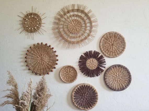 Set of 8 Boho Wicker Wall Baskets: Decorative Cozy Room Decor