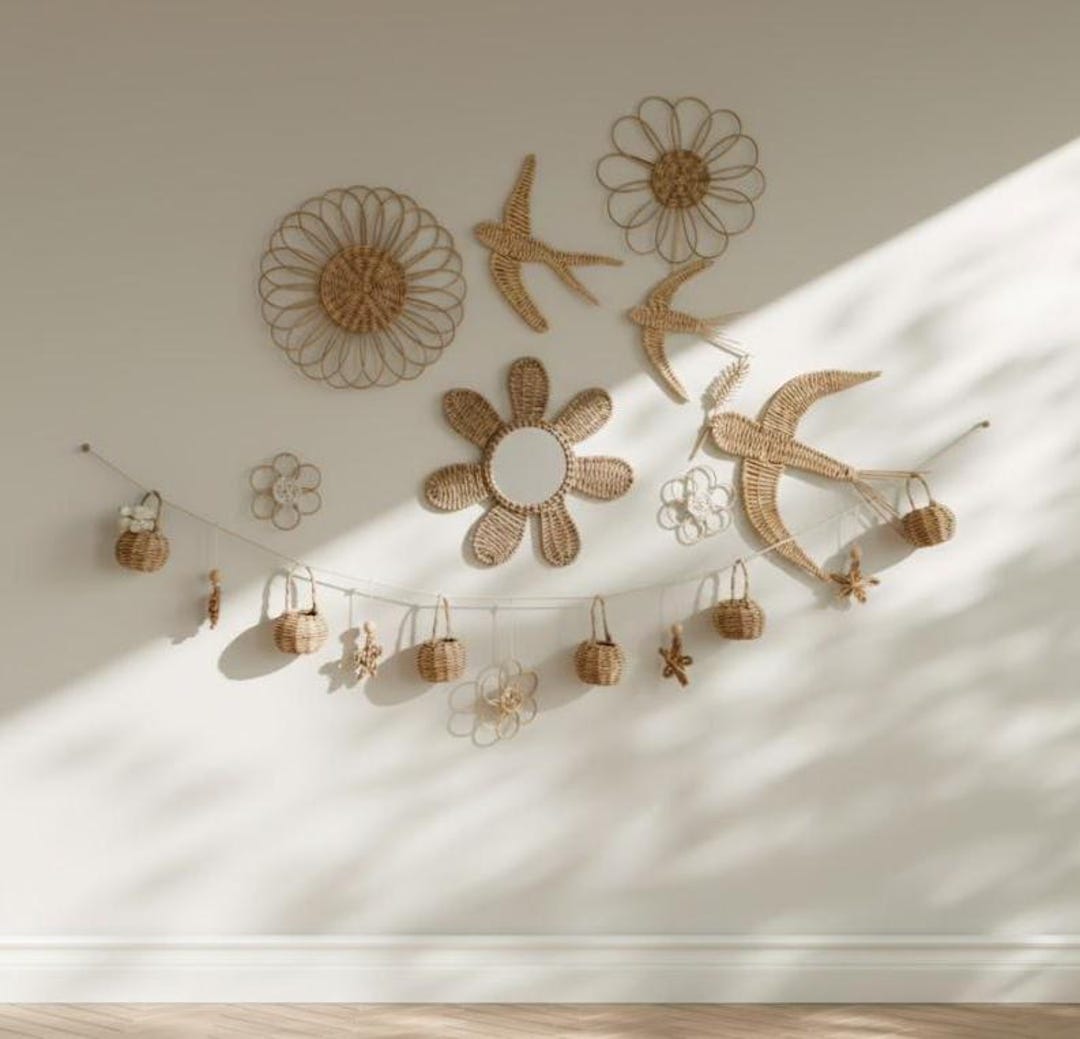 Wicker Flower Wall Decor Set: Boho Nursery Art, Kids Mirror - Etsy