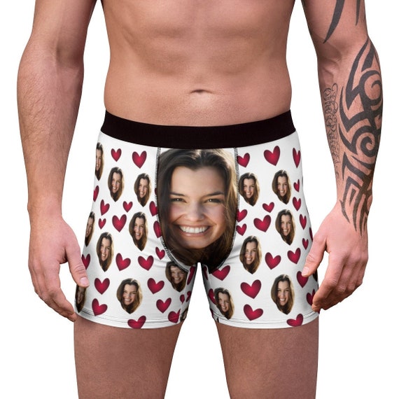 Your Face on Custom Men's Boxers With Hearts, Personalized Funny