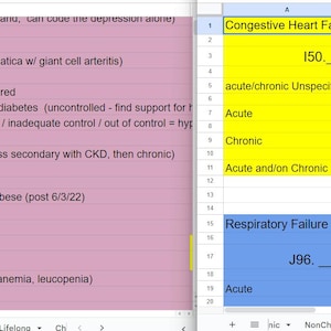 Puede incluir: Una captura de pantalla de una hoja de cálculo con una columna rosa a la izquierda y una columna amarilla y azul a la derecha. La columna rosa enumera las condiciones médicas, mientras que las columnas amarilla y azul enumeran los códigos y descripciones médicas para la insuficiencia cardíaca congestiva y la insuficiencia respiratoria.