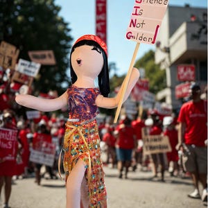 May include: A handmade doll with black hair, a red cap, and a colorful dress, holding a sign that reads "Silence Is Not Golden." The doll is in a crowd of people, many wearing red shirts and holding signs.