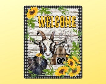 Goat Welcome Wreath Sign, Goat Sign, Farmhouse Sign. Metal Sign, Sunflower Sign, Black and White Gingham, Sweet Magnolia, Nonni