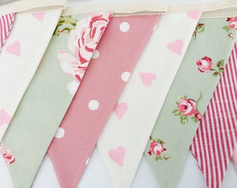 Sage & Rose handmade rose bunting, spots, stripes, cottage, pink, green, vintage, floral, wedding, garden, kitchen