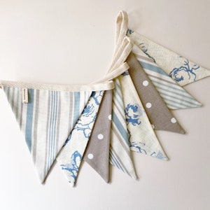 Blue, cream and beige handmade bunting, spots, stripes, floral, cottage, nursery, wedding, nursery, kitchen