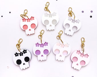 Floral Skully keychain // bag tag// boo basket gift// acrylic keychain// halloween keychain