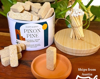 Piñon Pine Incense Set - Natural Wood Bricks with Terracotta Burner, Matches & Gift Tin