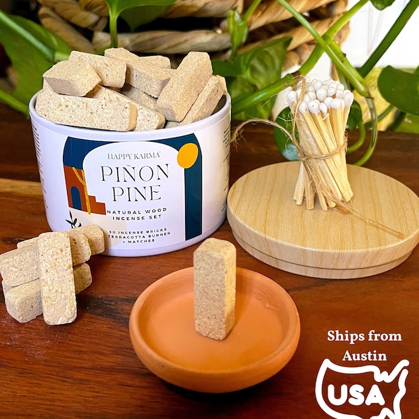 Piñon Pine Incense Set - Natural Wood Bricks with Terracotta Burner, Matches & Gift Tin