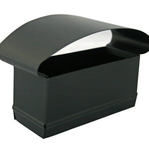 May include: Black metal mailbox with a curved top and a rectangular opening. The mailbox has a decorative trim around the bottom edge.
