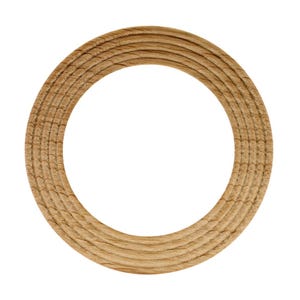 May include: A circular wooden frame featuring a carved rope-like texture along its entire surface. The light brown wood displays a natural grain pattern, with the carved ridges creating a repeating, twisted rope design around the center opening.