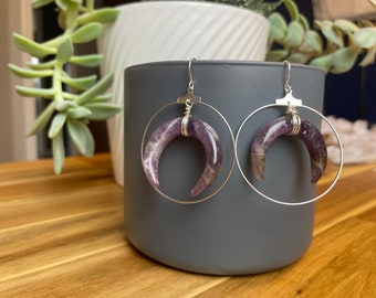 Amethyst Crescent Hoops in Silver