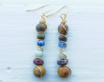 Wire wrapped, stone earrings
