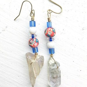 Crystal Quartz Earrings, Gold Boho Dangles, Handmade Clay Bead Earrings, Crystal Earrings, Asymmetrical Blue & Red Drop Earrings