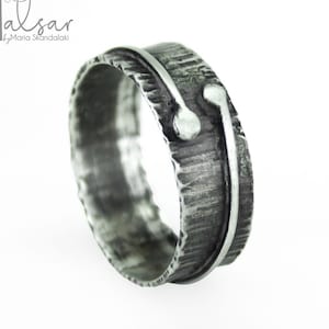 Hand Forged Oxidized Sterling Silver Band Ring: Textured Mens Jewelry