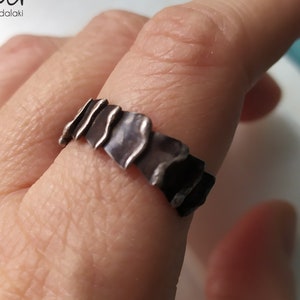 Oxidized Sterling Silver Tree Bark Ring - Adjustable Open Cuff