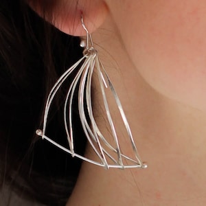 Oversized Earrings Dangle Sterling Silver Statement Earrings 30th Birthday Gift For Women, Silver Wire Perpetual Motion Triangle Earrings
