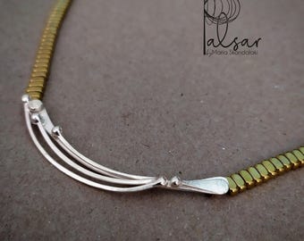 Handgemachte Sterling Silberkette: Geometrische Hämatit Perlen, Boho Chic