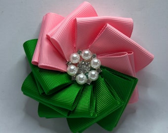 Doubled Salmon Pink and Kelly/Emerald Green Colored Brooch