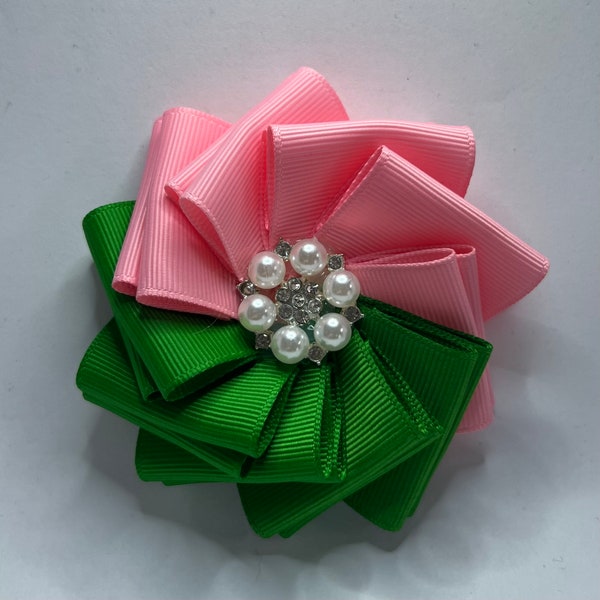 Doubled Salmon Pink and Kelly/Emerald Green Colored Brooch