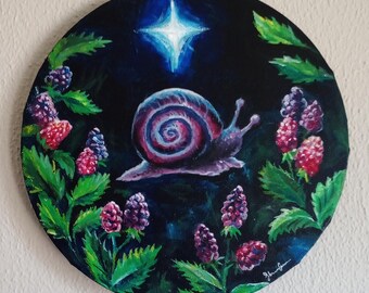 10x10in "Blackberry Snail" ORIGINAL PAINTING, acryllic on round canvas,