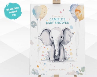 Editable Elephant Baby Shower Welcome Sign, Digital Baby Shower Poster, Blue Baby Shower, Gender Neutral Baby Shower Sign, Boy Shower