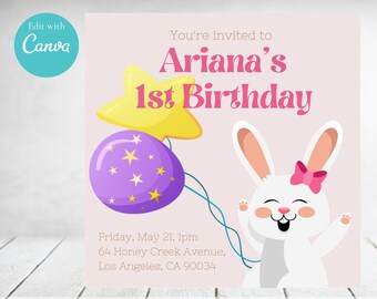Bunny Birthday Invite for a girl, digital Invitation for kid's birthday, Editable Digital Download, Printable Invitation, Edit with Canva