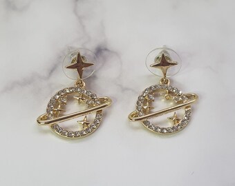 It's All In The Planets Earrings | Saturn Gold Drop Planet Stud Earrings