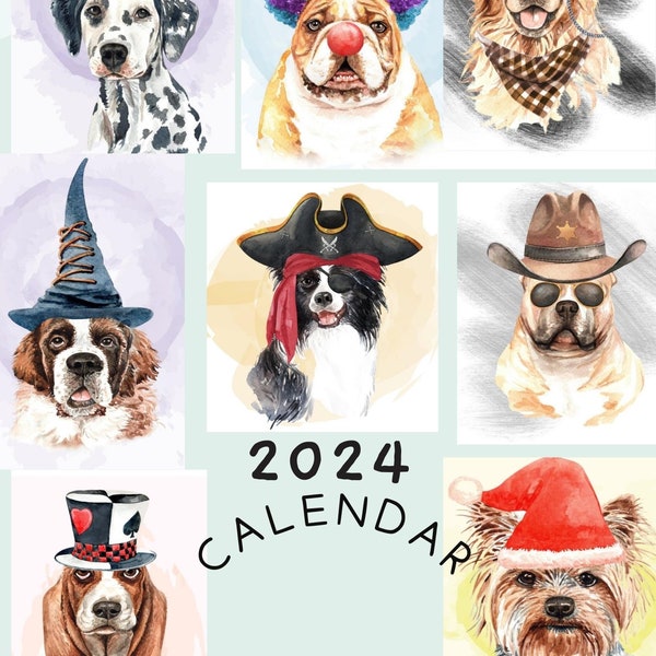 Chiens avec des chapeaux drôles 8,5 x11 Calendrier imprimable 2023 2024 Calendrier instantané facile Imprimer travail/maison et accrocher. Calendrier mural pour amoureux des chiens