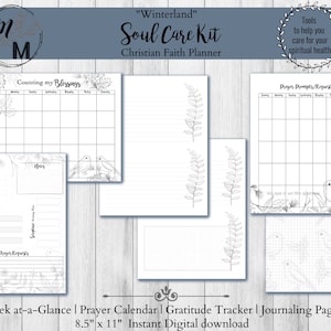 May include: Printable digital planner with a winter theme. The planner includes a week at a glance, prayer calendar, gratitude tracker, and journaling pages. The planner is 8.5 inches by 11 inches.