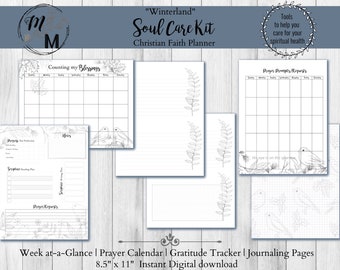 May include: Printable digital planner with a winter theme. The planner includes a week at a glance, prayer calendar, gratitude tracker, and journaling pages. The planner is 8.5 inches by 11 inches.