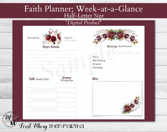 Weekly Christian Faith Planner Page, Printable, half-letter size, Bible reading, scripture writing, prayer list, plan your daily quiet time,