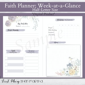 Página de planificación semanal de fe, imprimible, tamaño media carta, lista de oración, escritura de las Escrituras, plan de lectura de la Biblia, planifique sus momentos de tranquilidad diarios