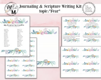 May include: A printable journaling and scripture writing kit with a floral design. The kit includes a scripture writing plan, lined pages for journaling, and scripture cards with floral borders. The kit's theme is "Fear".