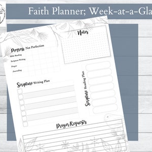 Op de afbeelding: Een printbare geloofsplanner met een bloemenontwerp. De planner bevat secties voor het schrijven van Schriftteksten, het lezen van Schriftteksten, gebedswensen en notities.