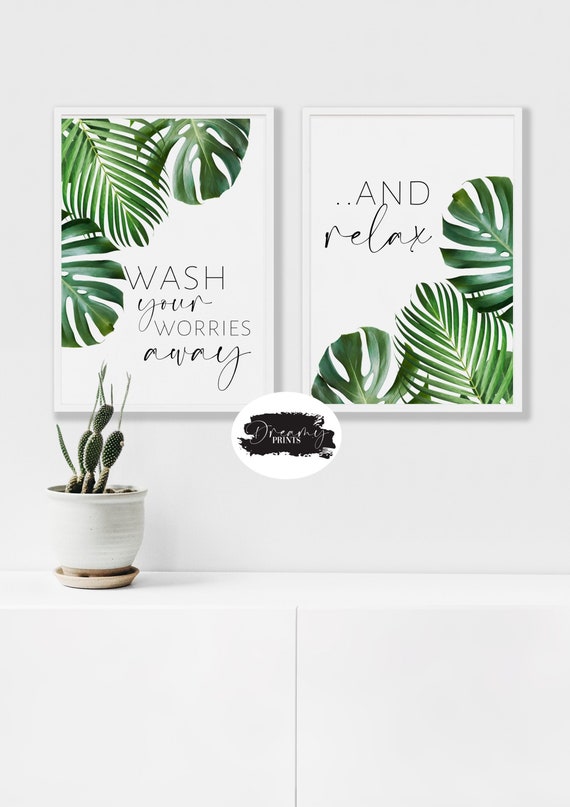 Bathroom Tropical Set Of 2 Bathroom Print Set Bathroom Leaf Etsy