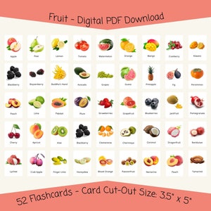 52 Fruit Flashcards for Toddlers Preschool Montessori Learning Educational Flash Cards