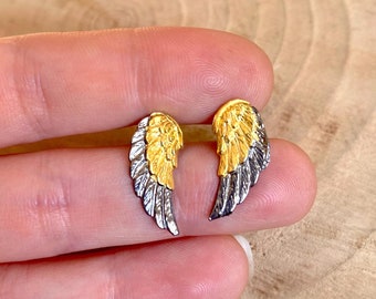 925 Sterling Silver-Gold Plated Angel Wings Stud Earrings | Dainty Feather Earrings | Gift for Her | Spiritual Jewelry