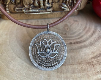 Sterling Silver Lotus Flower Necklace: Telkari Filigree Pendant