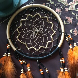 Ethnic Dreamcatcher: Black Hoop, Orange Feathers, Bohemian Wall Hanging