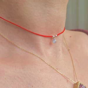 925 Sterling Silver Drop Choker Necklace, Zircon December Birthstone, Red String Adjustable Necklace, Minimalist Protection Jewelry