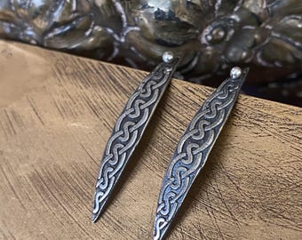 Handmade Celtic Dangle Earrings, 925 Sterling Silver Tribal Jewelry, Oxidized Long Drop Design