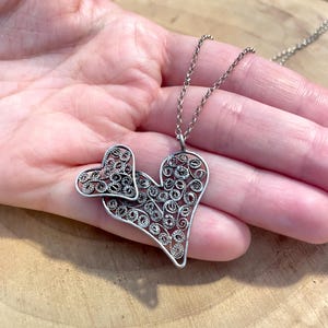 Sterling Silver Filigree Heart Necklace | Romantic Gift for Her | Valentine&#39;s Day Jewelry | Telkari Necklace | Double Heart Pendant