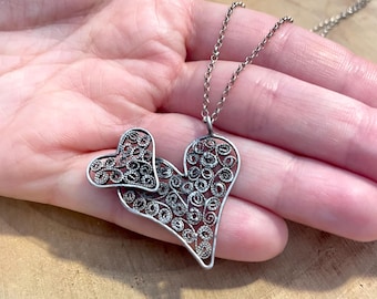 Sterlingzilveren filigraan hartketting: Telkari-hanger dubbel hart