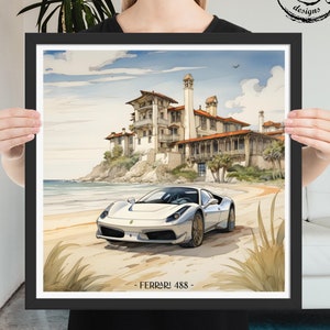 Ferrari 488 Beach Drive Art Print: Vintage Coastal Car Poster