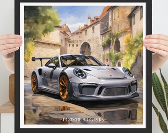 キャンバスプリント - ポルシェ 911 GT3 RS - 詳細な技術図面 ネイビー