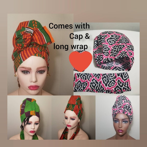 AfricanPrint Headwrap& Elastic Cap.