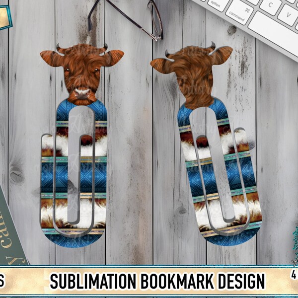 Western Brown & Black Highland Cattle Cow Head Sublimation Bookmark Clip Digital Design - Double-Sided PNG Files for Hale Bound Blanks