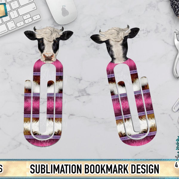 Western Red & Black Holstein Cattle Cow Head Sublimation Bookmark Clip Digital Design - Double-Sided PNG Files for Hale Bound Blanks